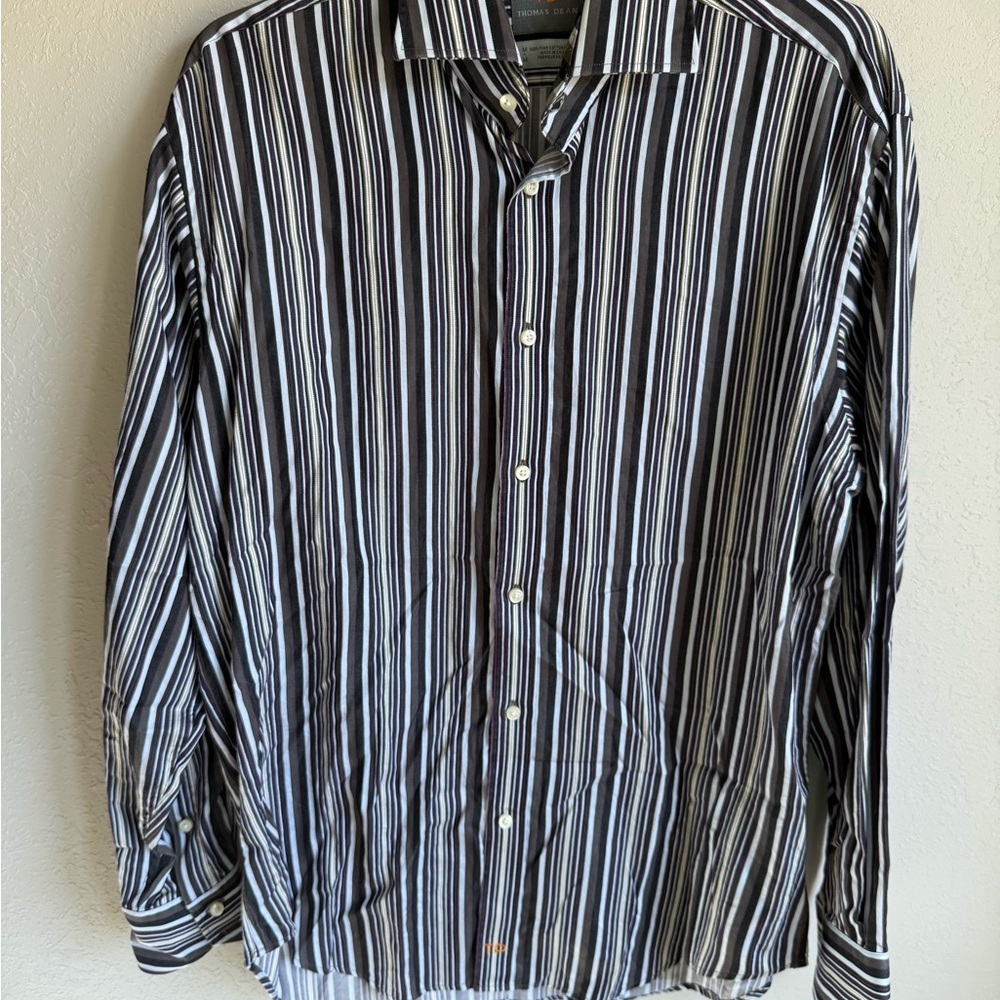 Men’s M Gray Striped Y2K Thomas Dean Kencore Casual, Retro Long Sleeve Button Up